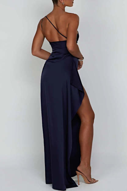 Fits Your Curves Satin One Shoulder Drape Slit Maxi Dress-consonak