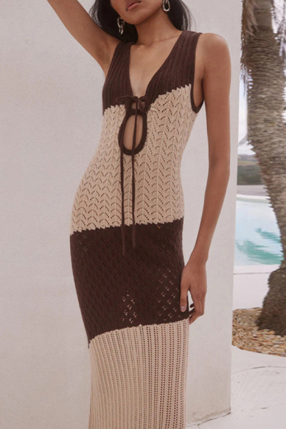 Fashionable Color-blocked Openwork Knit Slim-fit Maxi Dress-consonak