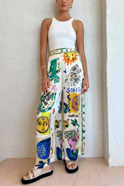 Meralda Unique Print Elastic Waist Pocketed Wide Leg Pants-consonak