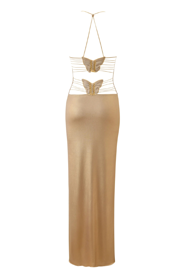 Fashionable Metallic V-neck Backless Butterfly Fitted Maxi Dress-consonak