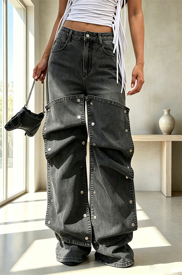 Chic Style Denim Decorative Button-stud Detail High Rise Pocket Loose Jeans-Consonak