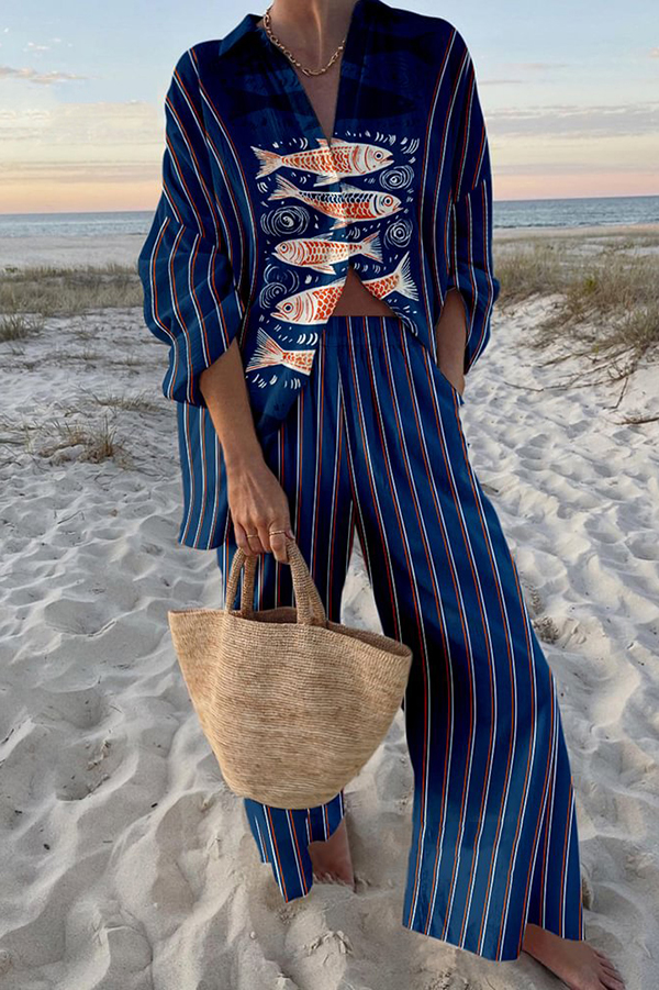 Unique Ocean Print Oversized Shirt and Elastic Waist Pocket Pants Set | Consonak