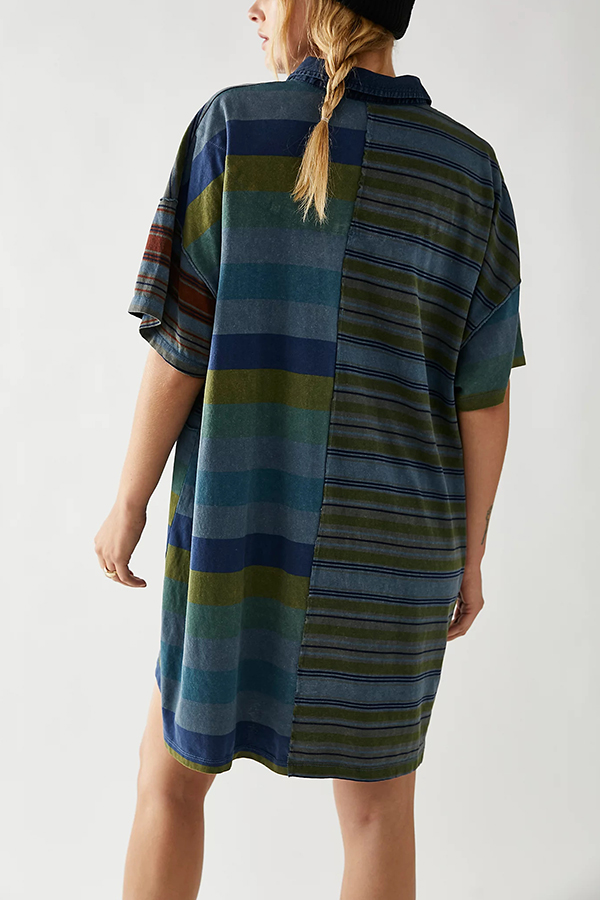 Contrast Striped Patchwork Denim Lapel Loose Casual Mini Dress-consonak