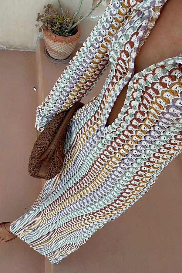 Bondi Beach Knit Colorful Wave Print Long Sleeve Vacation Maxi Dress-consonak