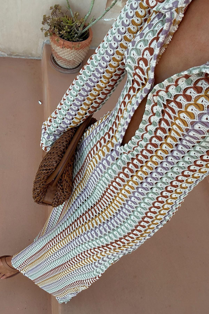 Bondi Beach Knit Colorful Wave Print Long Sleeve Vacation Maxi Dress-consonak