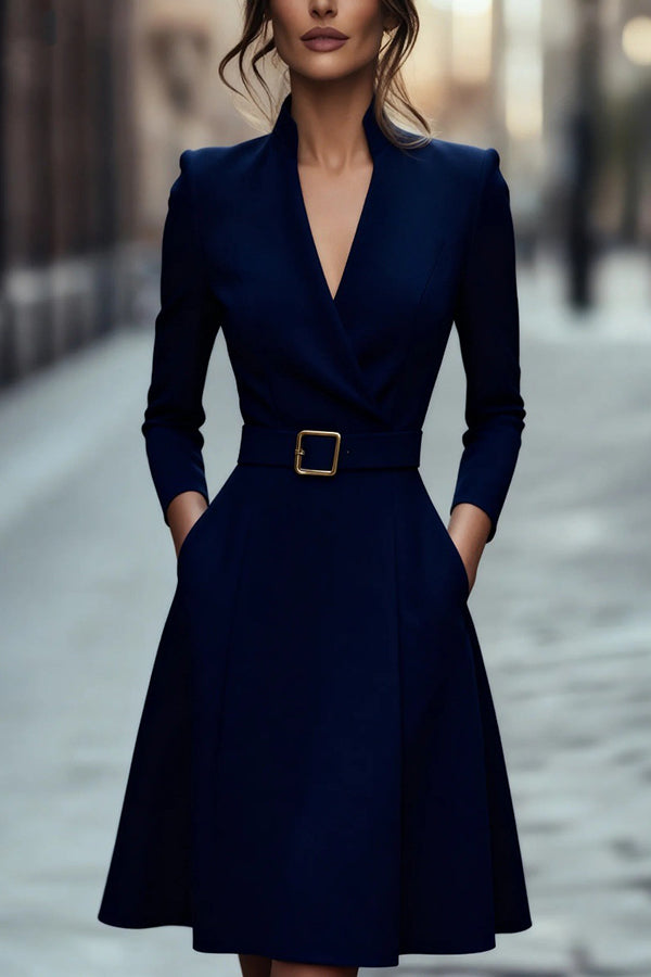 Solid Color V-neck Fitted Waist Long Sleeve Elegant Midi Dress | Consonak