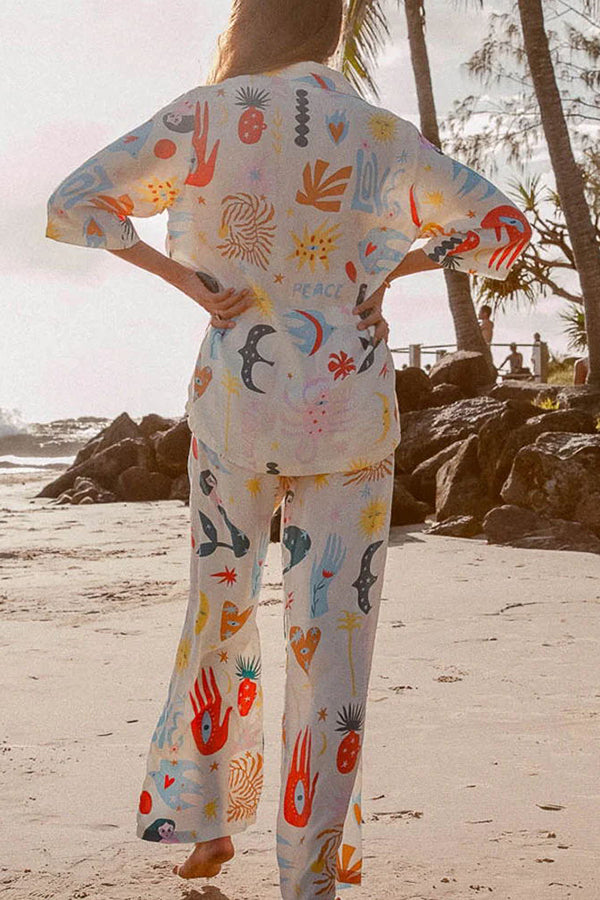 Abstract Sea Creature Print Button Pockets Elastic Waist Pant Suit-consonak