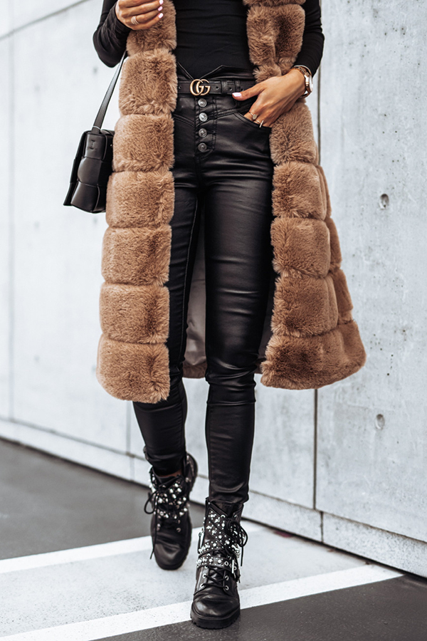 Solid Color Fur Round Neck Sleeveless Midi Vest Jacket-consonak