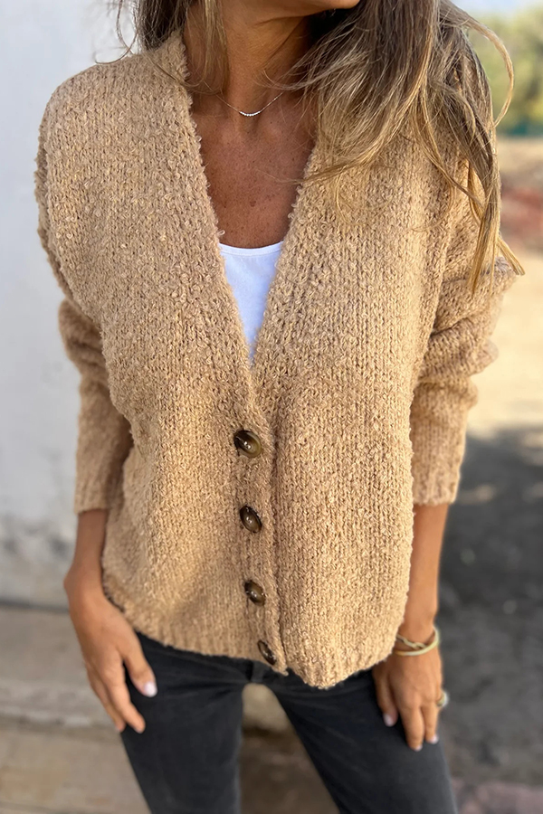 Solid Color V-neck Long-sleeved Fashionable Knitted Cardigan-consonak