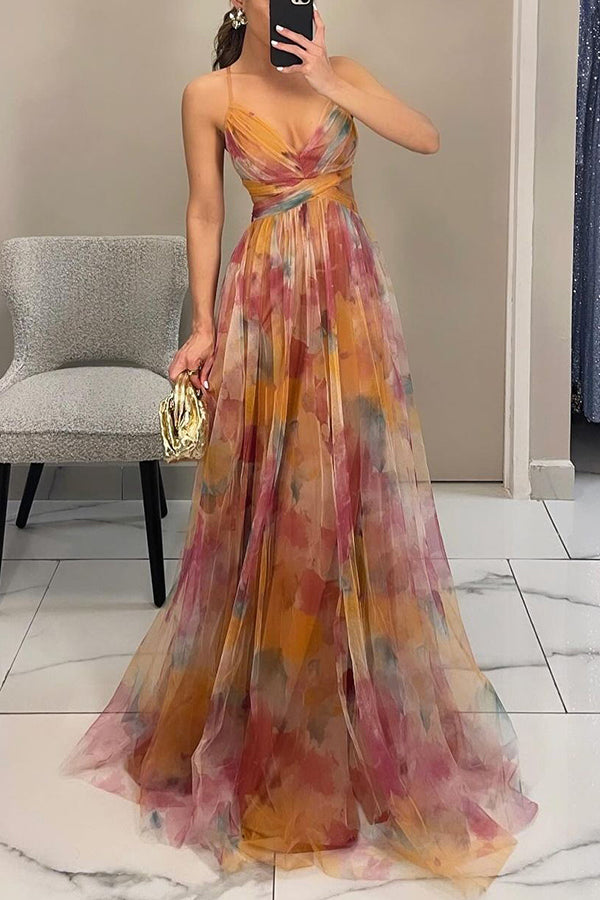 Ladies' summer princess chiffon printed hollow sexy waist and back lace up long dress | Consonak