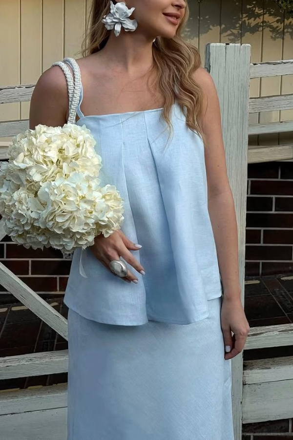 Linen Blend Loose Square Neck Camisole Top and Elegant Resort Maxi Skirt Set-consonak