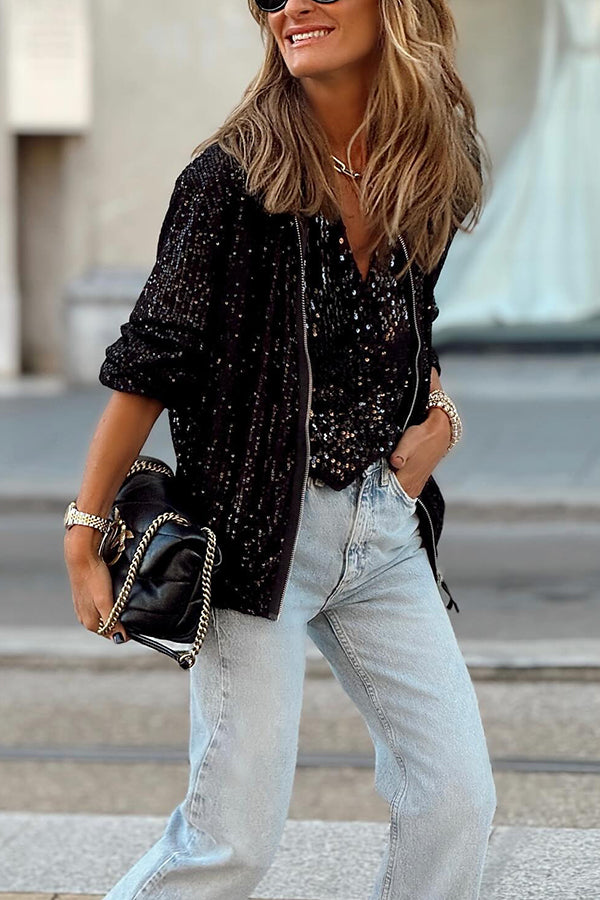 Star Kisses Sequin Zipped Long Sleeve Relaxed or Party Coat-consonak