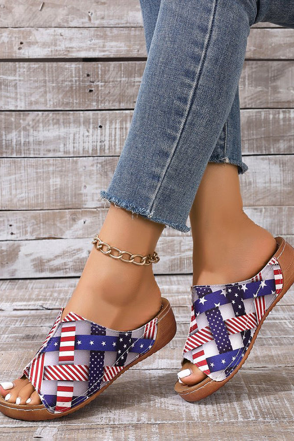 Independence Day Stars and Stripes Wedge Heel Peep Toe Slides-consonak