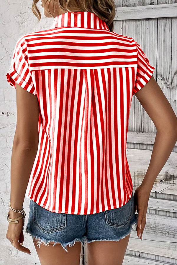 Striped Print Short Sleeve Pocket Shirt Top-consonak