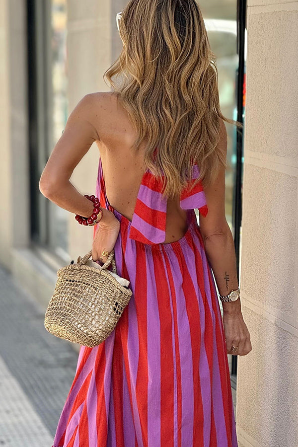 Roxane Linen Blend Striped Halter Neck A-line Maxi Dress-consonak