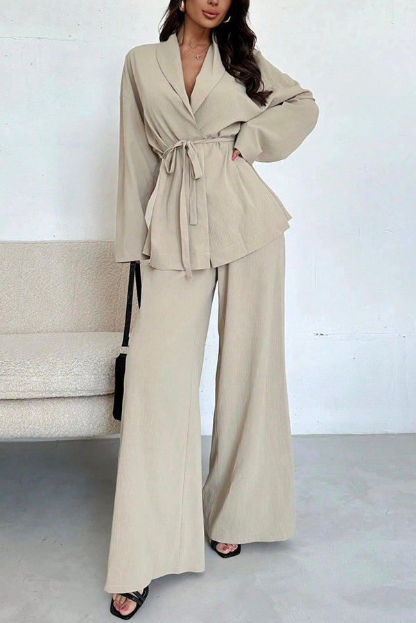 Solid Color Collared Long-sleeved Tie-waist Loose Top and Elastic Waist Casual Wide-leg Pants Set-consonak