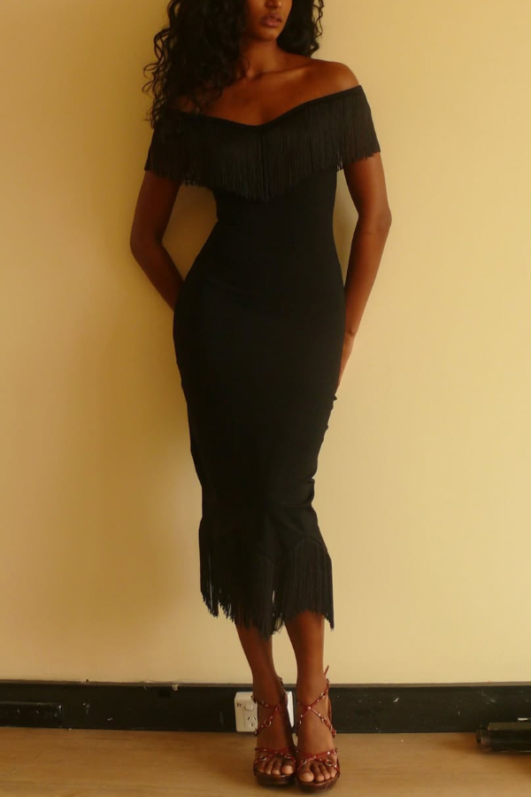 Solid Color V-neck Off-shoulder Slim-fit Tassel Midi Dress | Consonak