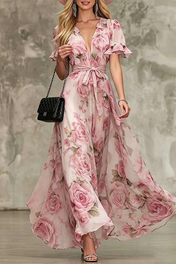 Romantic Ruffle Sleeve Flowy  Dress-Consonak