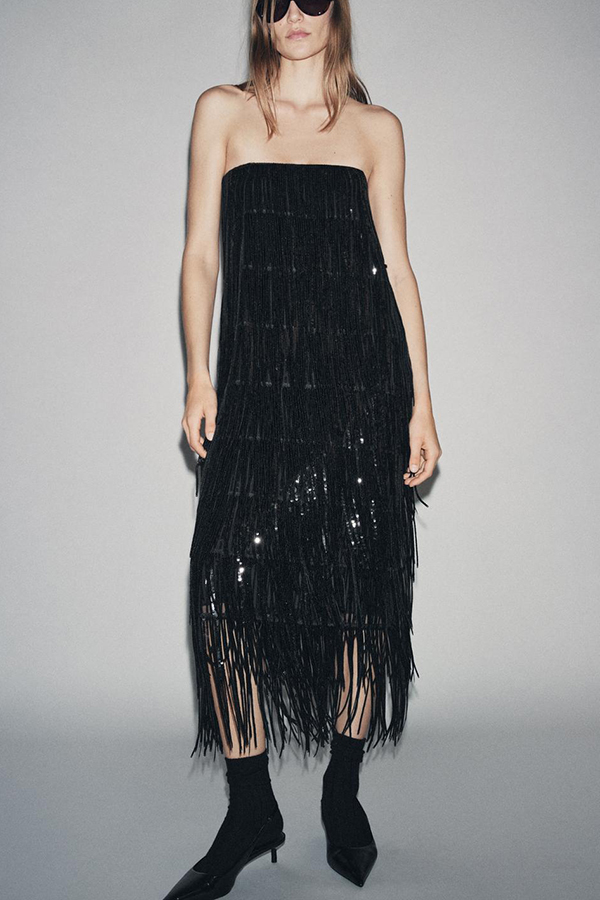Chic Celebration Layered Sequined Tassels Slip Strapless H-line Midi Dress-consonak