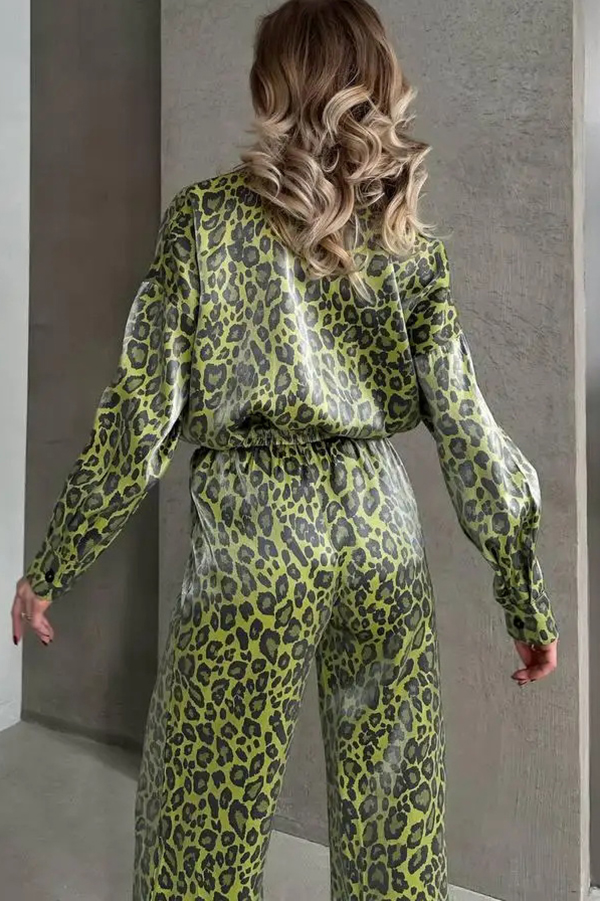 Leopard Print Long-sleeved Casual Top and Loose Elastic Waist Tie Pants Set-consonak