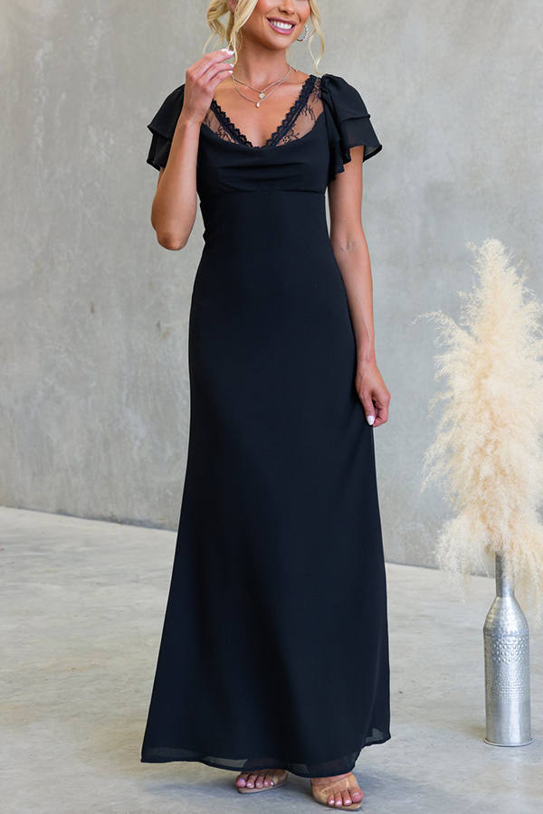 Midnight Charm Lace Detail Cowl Neck Bell Tiered Short Sleeve Maxi Dress