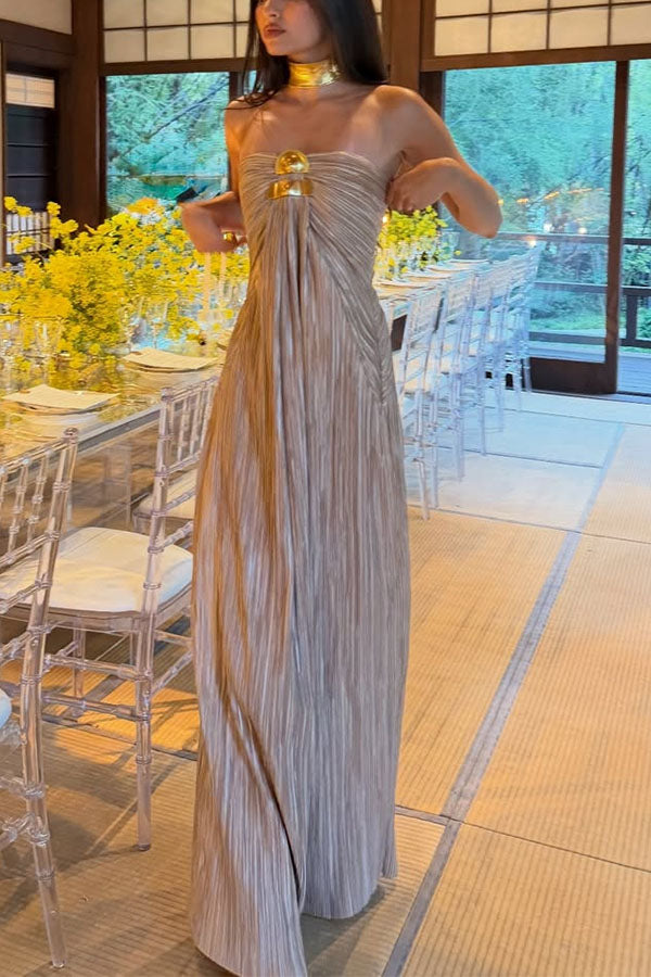 Golden Hour Metallic Pleated Strapless Maxi Dress-Consonak