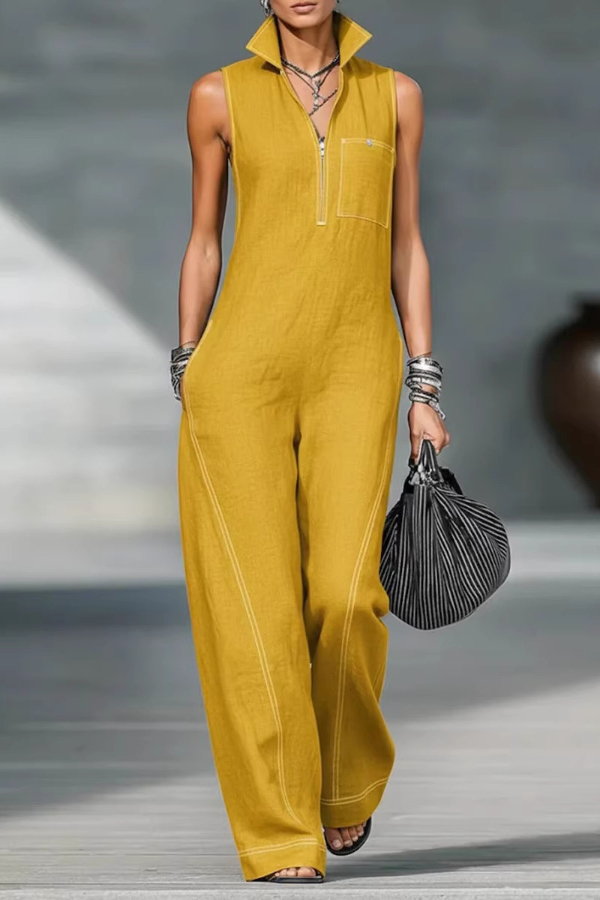 Solid Color Sleeveless Stand Collar Casual Pocket Loose Wide-leg Jumpsuit