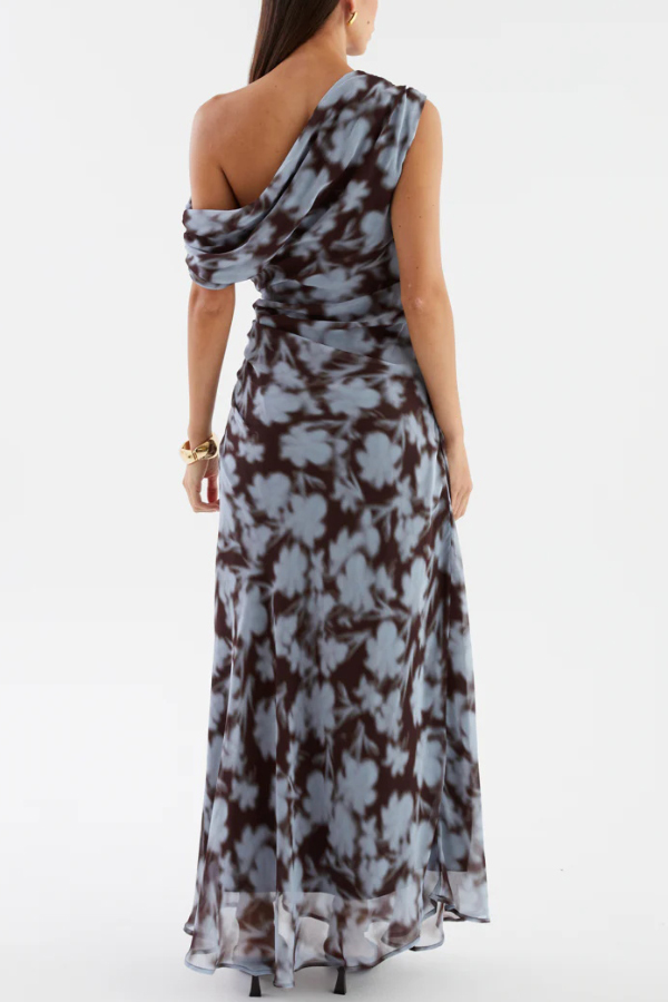 Unique Print Asymmetrical Off-Shoulder Pleated Waist Casual Maxi Dress