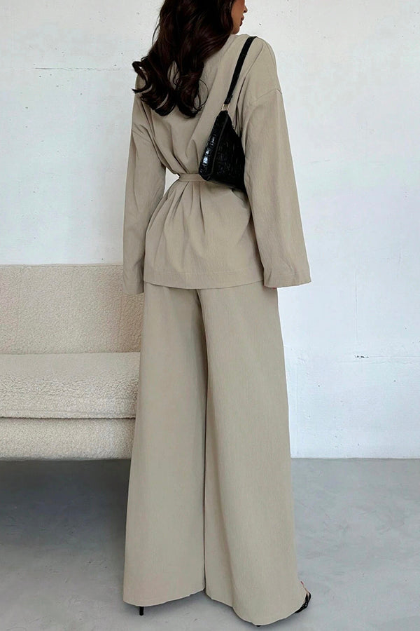 Solid Color Collared Long-sleeved Tie-waist Loose Top and Elastic Waist Casual Wide-leg Pants Set-consonak