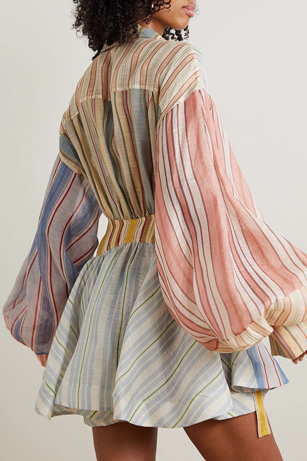 Salie Linen Blend Color-block Stripes Twisted Wrap Long Balloon Sleeve Shirt Mini Dress-consonak
