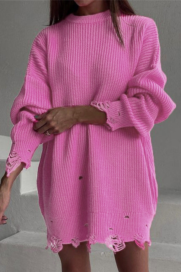 Solid Color Loose Ripped Knitted Mid-length Sweater-consonak