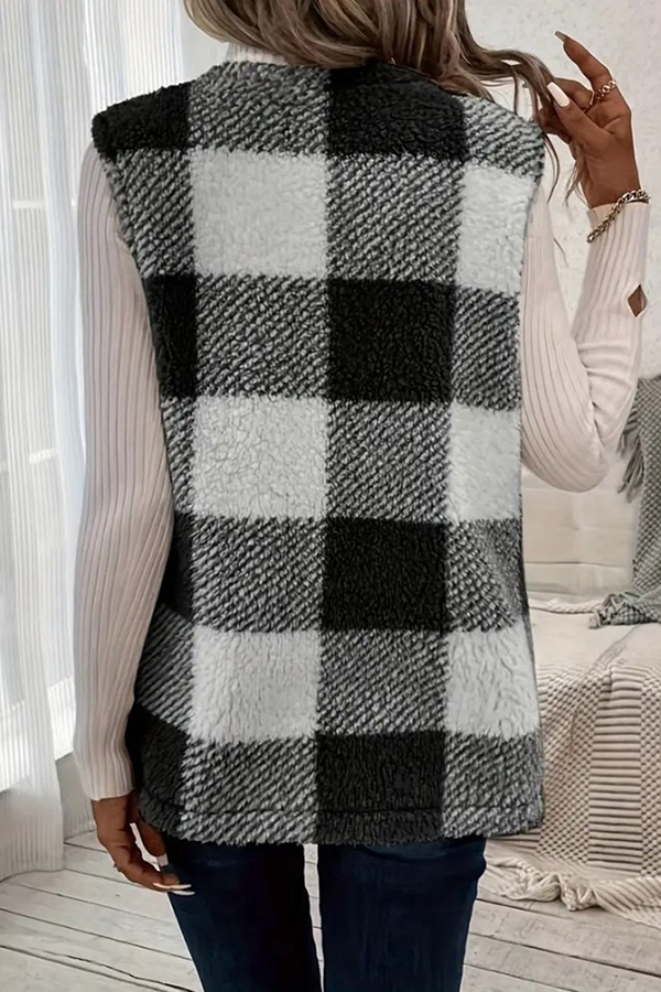 Fashionable Plaid Loose Pocket Sleeveless Jacket-consonak