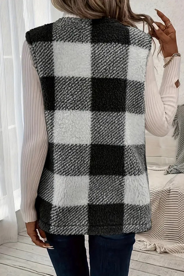 Fashionable Plaid Loose Pocket Sleeveless Jacket-consonak