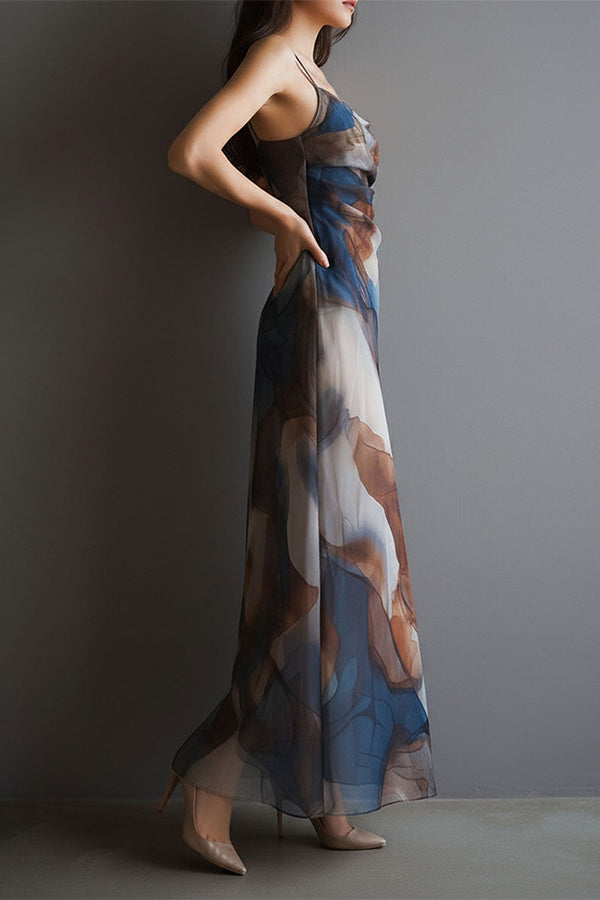 Monet's Dream Abstract Watercolor Cowl Neck Maxi Dress-Consonak