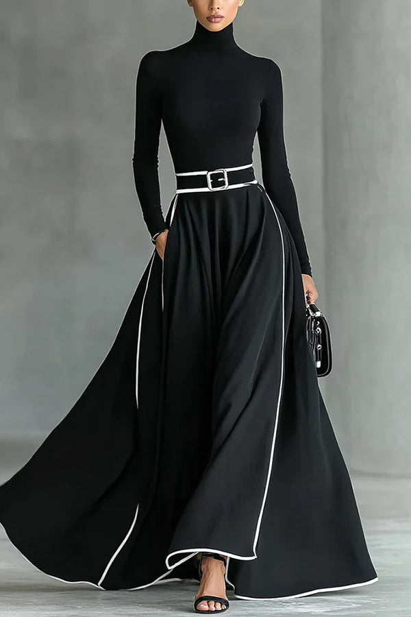 Stylish Color-blocked Trim High-neck Long-sleeved Casual Pockets Maxi Dress-consonak
