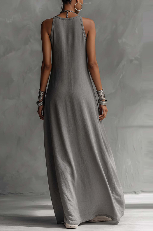 Stylish Color-blocked Round Neck Sleeveless Casual Pocket Loose Maxi Dress
