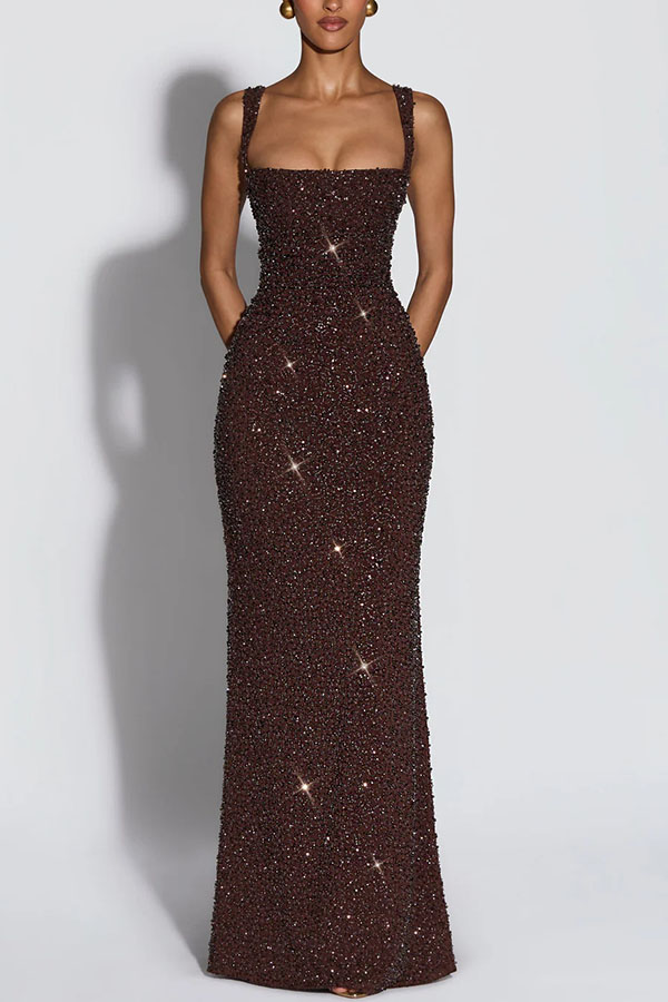 Calanthe Sequin Embellished Chiffon Ruched Square Neck Back Lace-up Maxi Dress | Consonak
