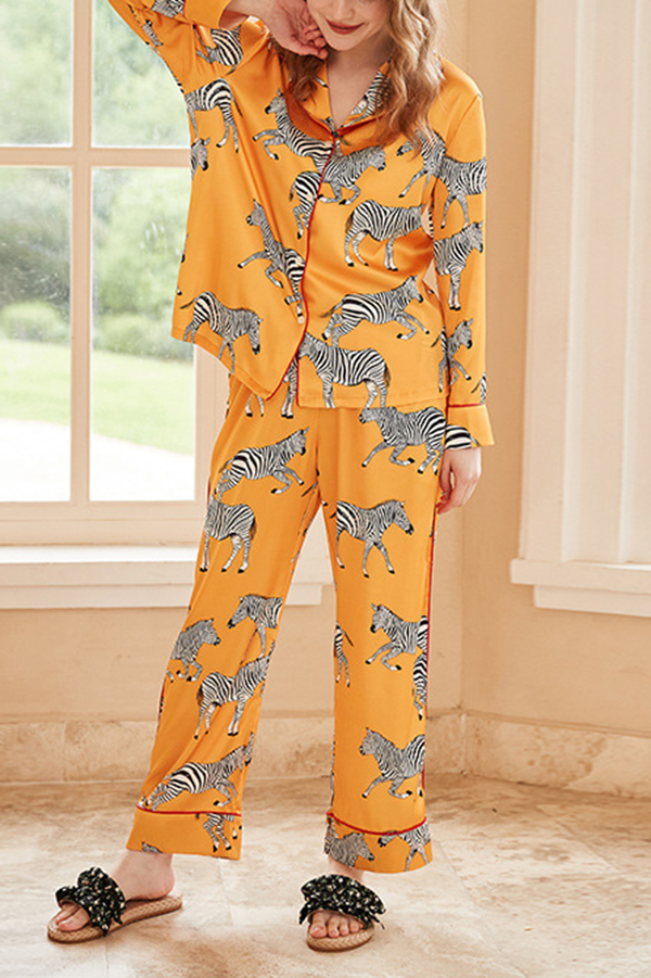 Yellow Zebra Print Home Long-sleeved Two-piece Set | Consonak