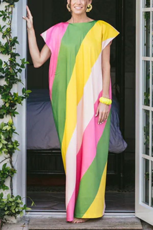 Vintage Summer Chic Satin Bold Striped Short Sleeve Loose Maxi Dress-consonak