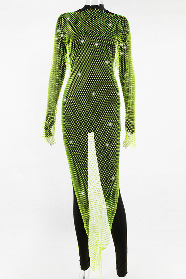 Best Layering Items Mesh Wide Neck Long Sleeve Slit Cover-up Maxi Dress-consonak