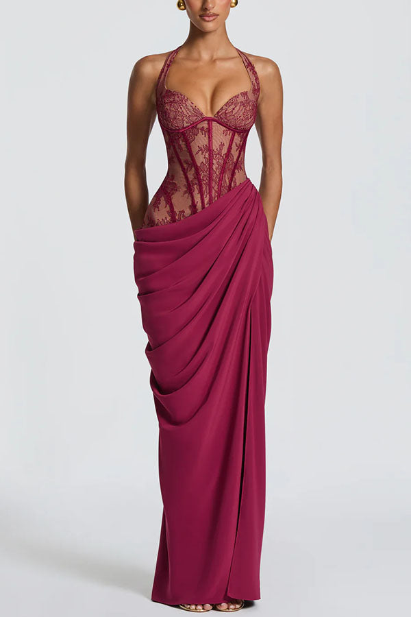 Bonita Floral Lace Contrast Structural Detail Asymmetrical Pleats Halter Slit Maxi Dress-Consonak