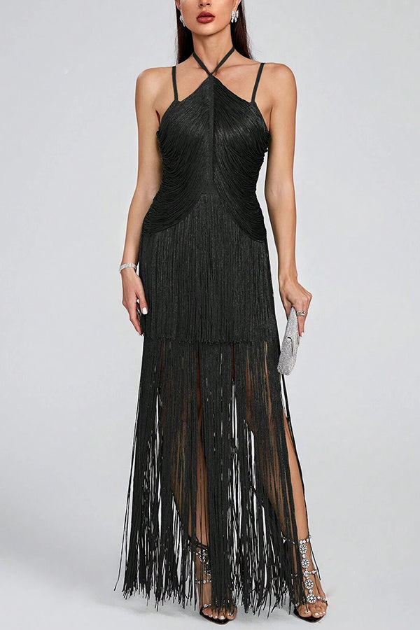 Sexy Halterneck Open Back Elegant Tassel Slim Maxi Dress-consonak