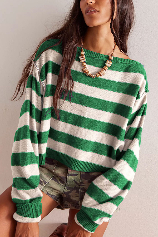 Striped Print Crew Neck Long Sleeve Loose Knitted Sweater-consonak