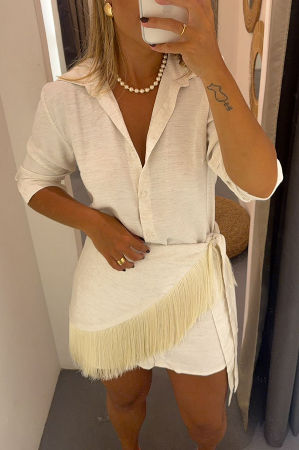 Sorena Linen Blend Button Up Long Sleeve Midi Blouse and Tassel Trim Warp Cover-up Mini Dress Set-Consonak