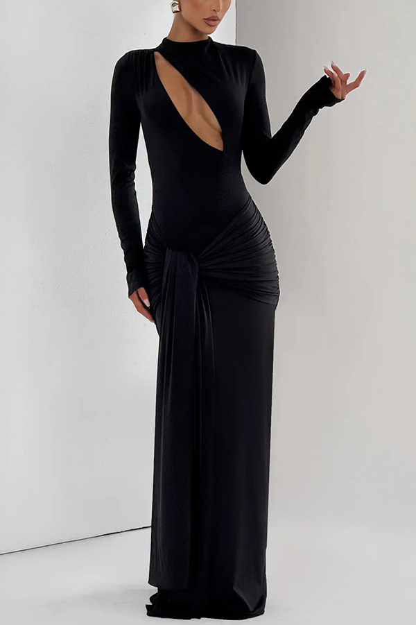 Sexy Cutout Fitted Long-sleeved Pleated Satin Ribbon Maxi Dresses-consonak