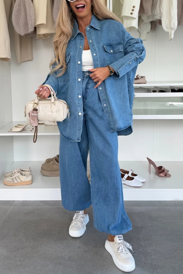 Stylish Denim  Button Down Long Sleeve Pocket Oversized Blouse-consonak