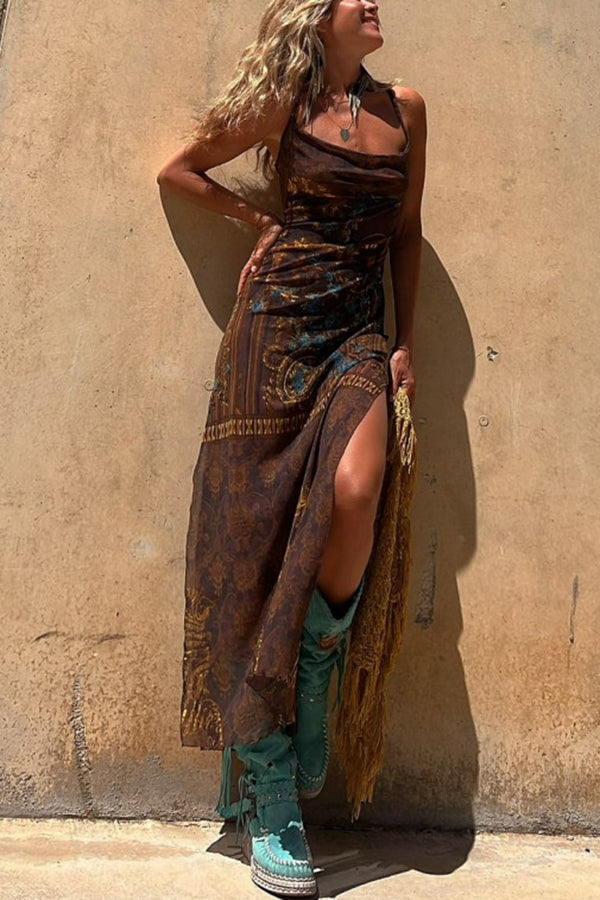 Gypsy Style Unique Print Cowl Neck Back Lace-up Slit Midi Dress-consonak