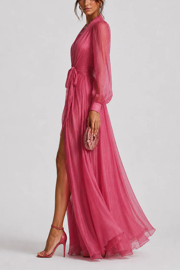 Sunset Elegance: Sheer Long Sleeve Wrap Dress in Hot Pink-Consonak