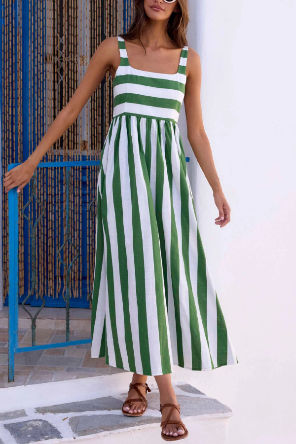 Fashionable Striped Printed Square Neck Sleeveless Casual Vacation Maxi Dress