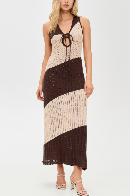 Fashionable Color-blocked Openwork Knit Slim-fit Maxi Dress-consonak
